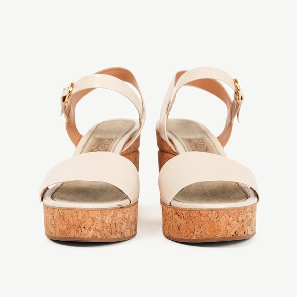 Salvatore Ferragamo Madea Cream Leather & Cork Wedge Sandals - Picture 2 of 10